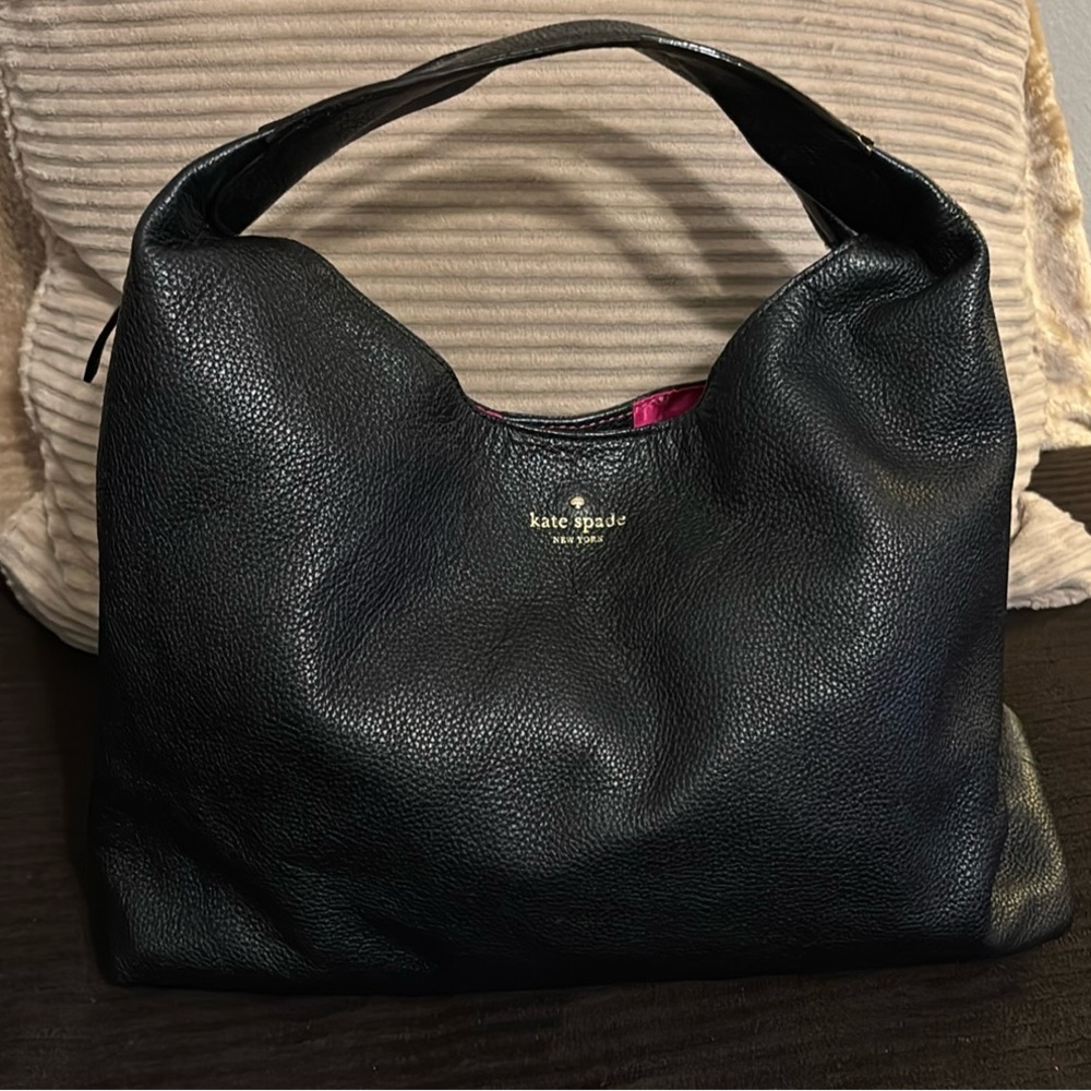 Kate Spade Juniper Mansfield Purse Pebbled Black Leather with Pink Logo Interior